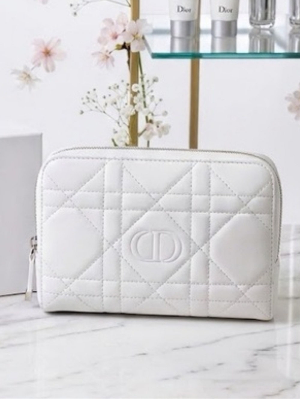 Dior White Quilted Leather Cosmetic Pouch